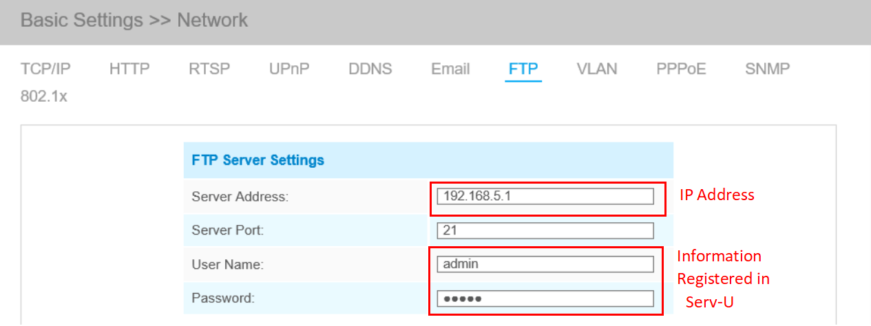 FTP settings on camera