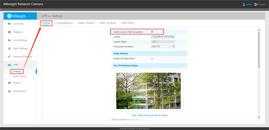 Settings of Milesight LPR Camera interface