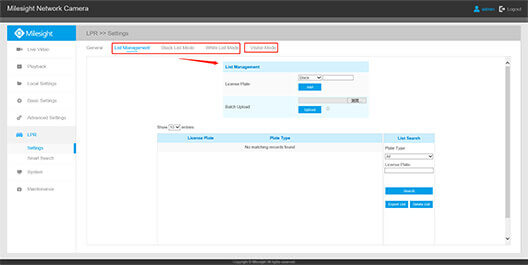 Settings of Milesight LPR Camera interface