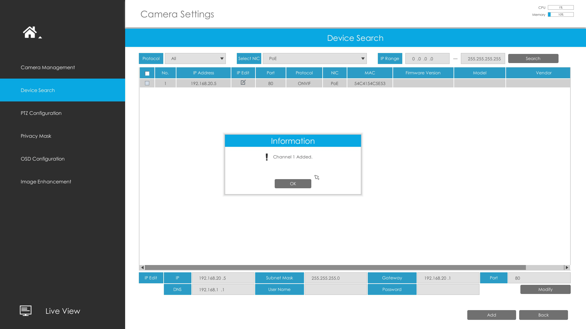 Add PoE camera to the NVR