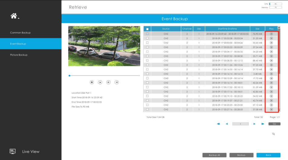 Event Backup in Retrieve interface