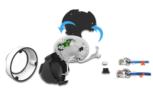 inner parts of pro dome camera and ethernet cable